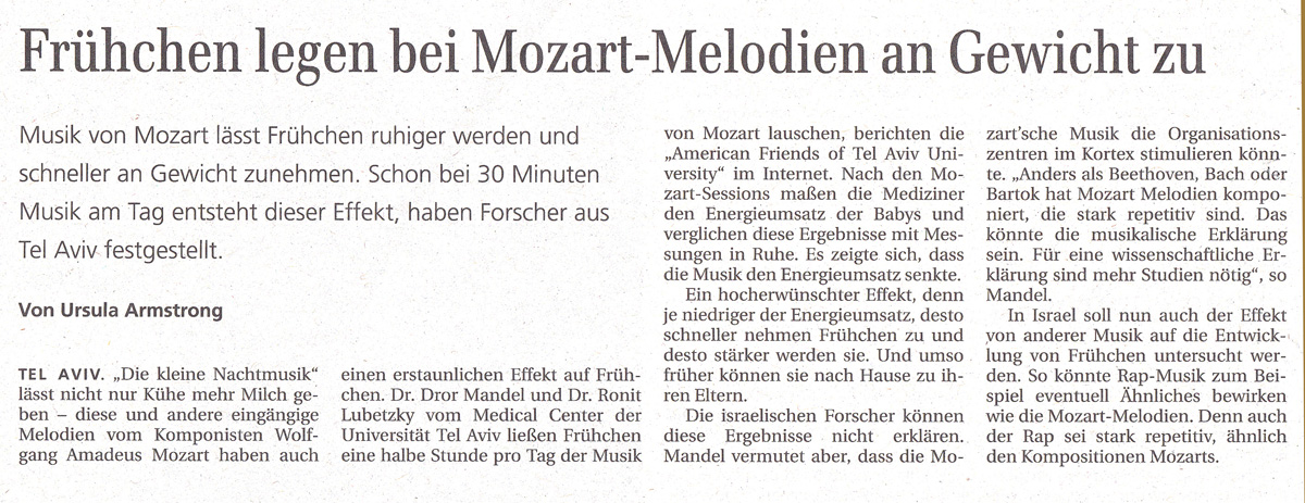 Frühchen legen bei Mozart-Medlodien an Gewicht zu